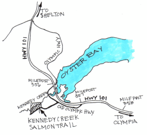 Hand drawn map of Kennedy Creek Salmon Trail location.