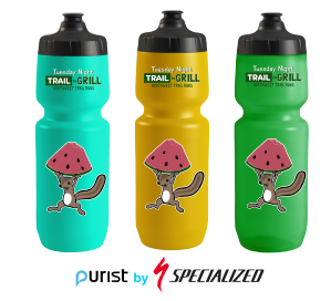 Image of three bicycling-style water bottles in turquoise, yellow, and green with Tuesday Night Trail to Grill series logo
